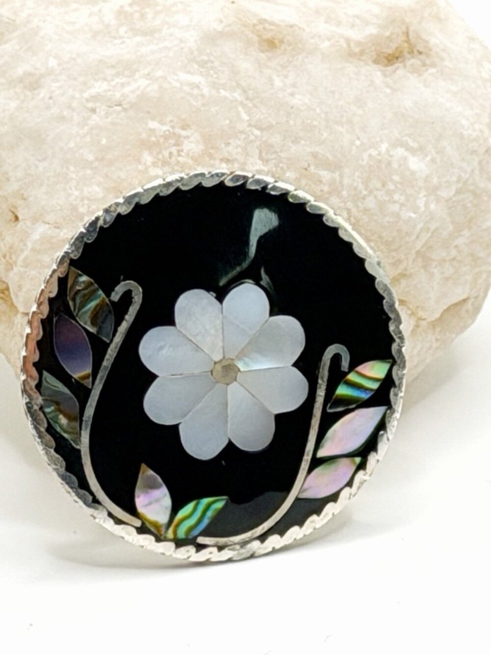 Vintage Mexican Alpaca Brooch Mother of Pearl & Abalone Inlaid Floral Pin
